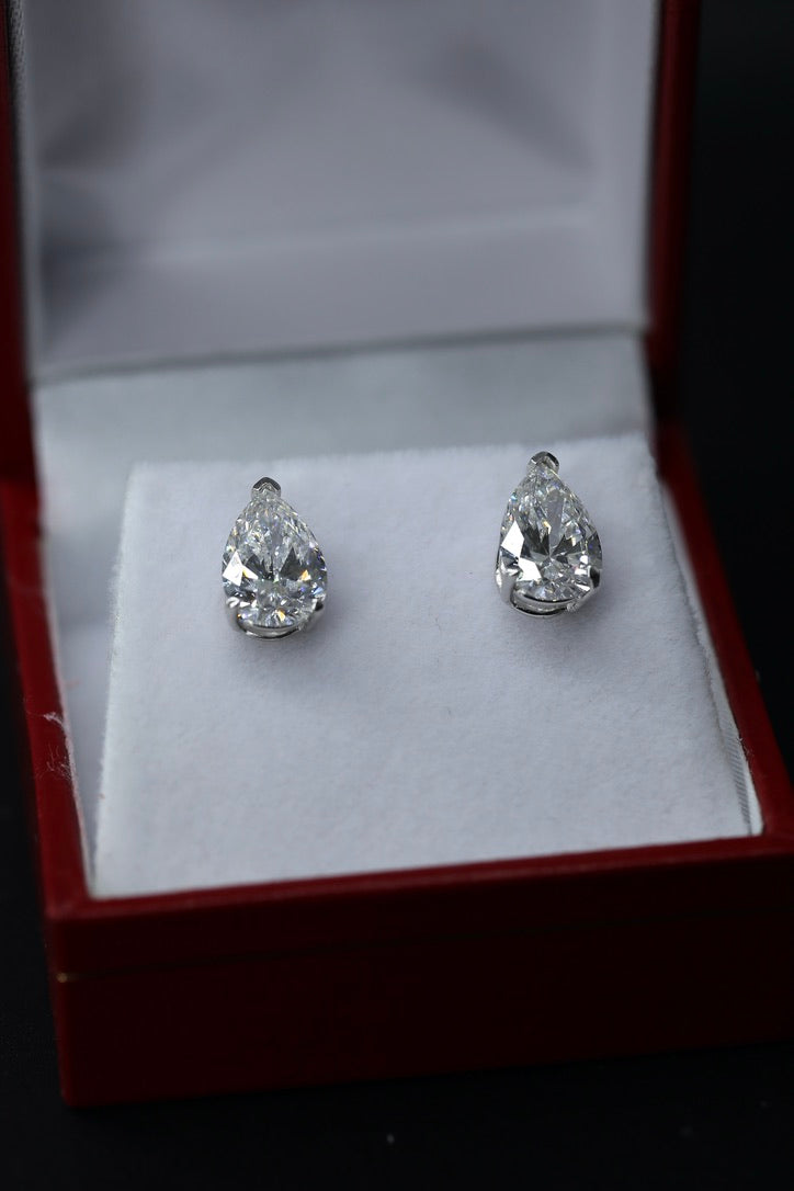 Pear Brilliant Diamond Stud Earrings – 3 Carat Total Lab Grown CVD | D–F VVS–VS2 | 14K White Gold