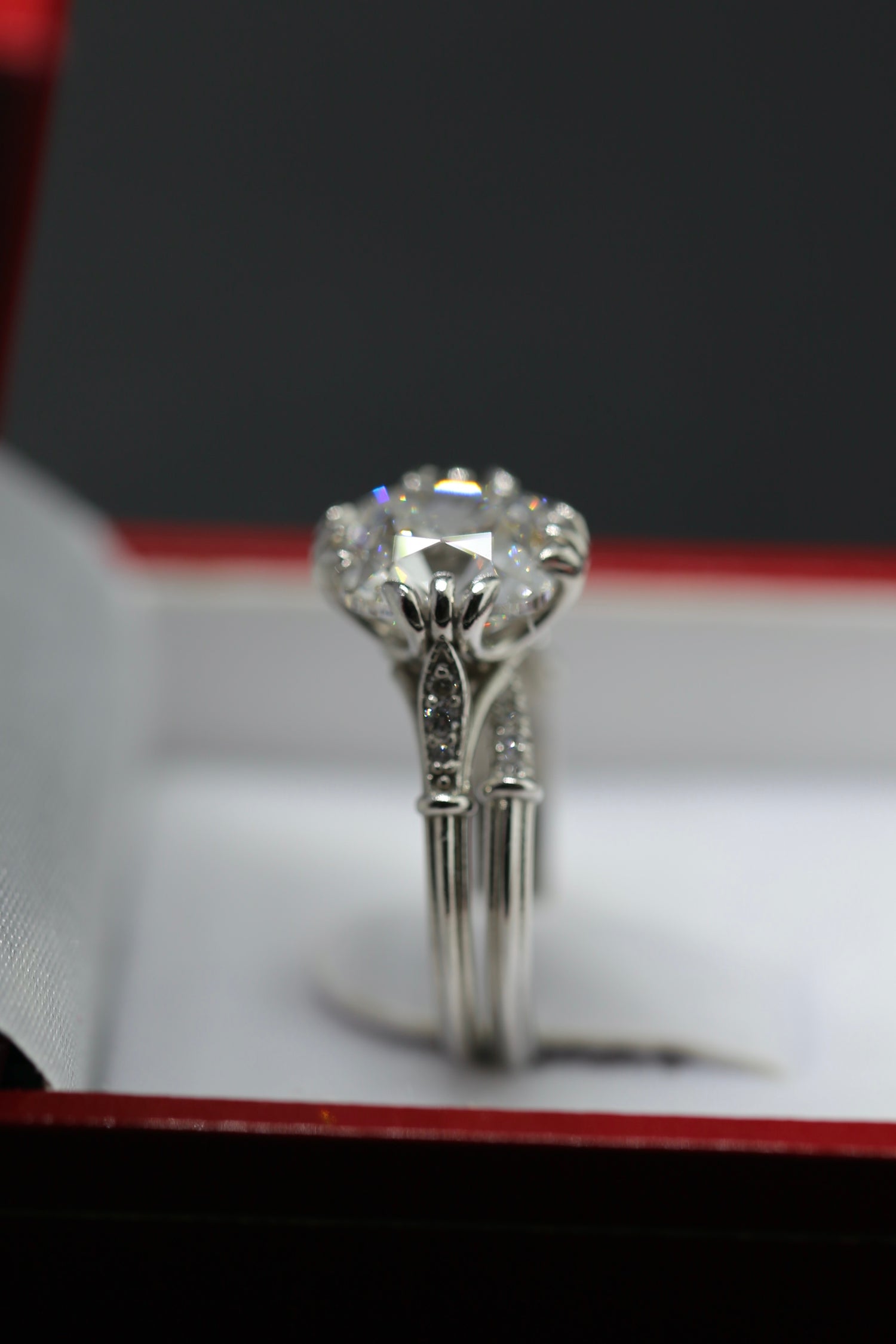 The Rachel Edwardian Antique Ring Set – 4 Carat Cushion Cut Lab Grown Diamond | Platinum Wedding Set