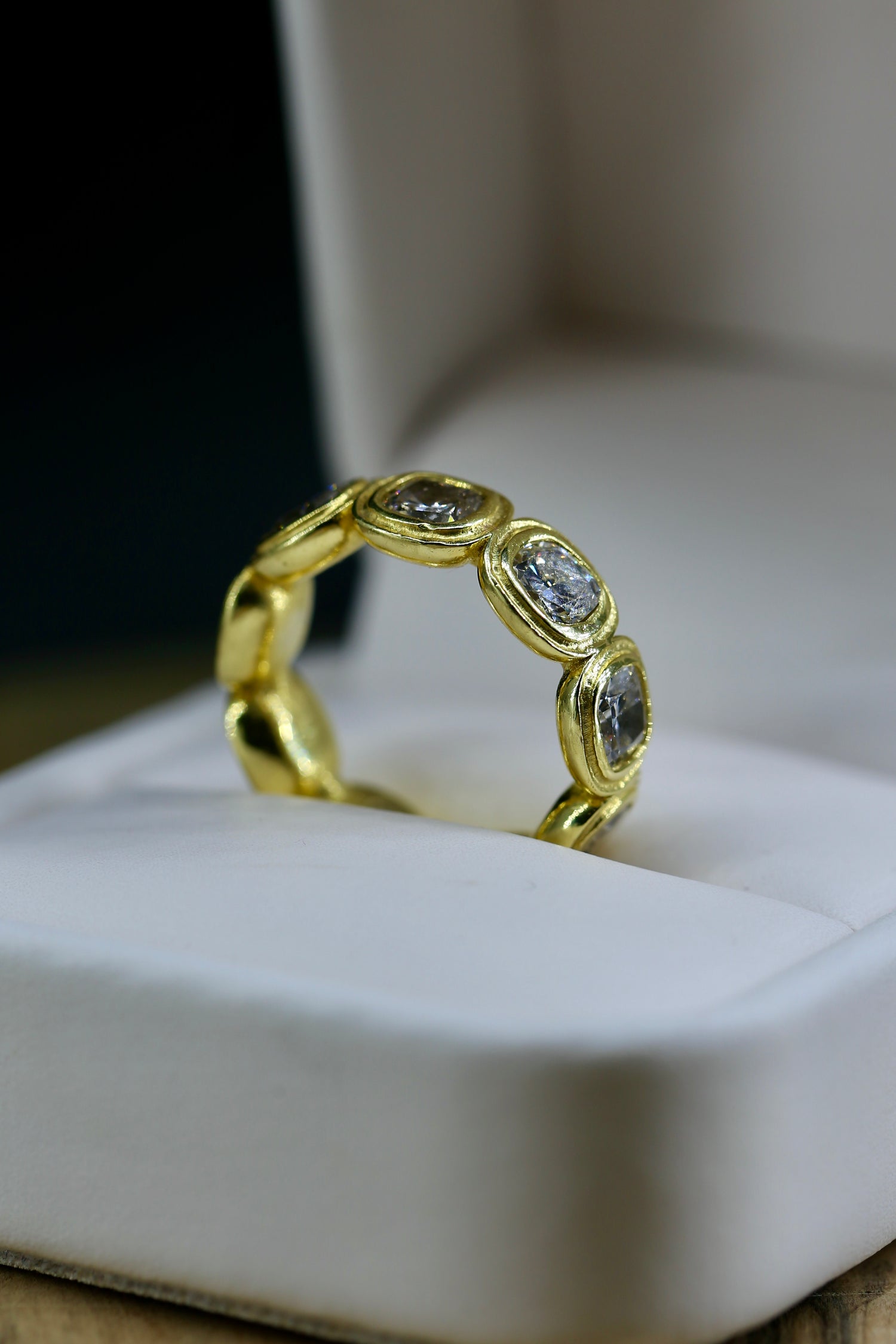 Antique 5 Carat Cushions Lab Grown Diamond Eternity Band Yellow Gold