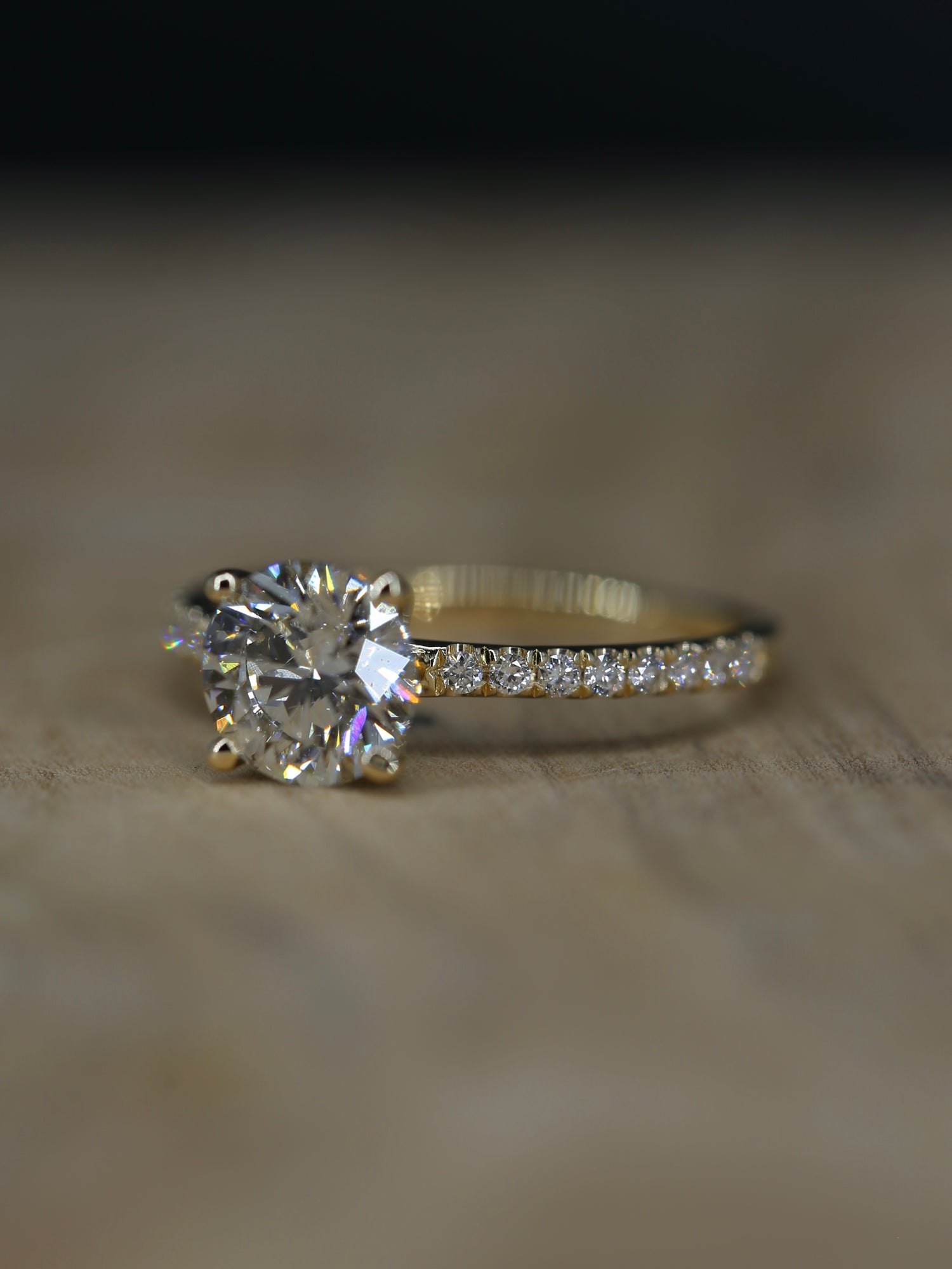 1.50 Carat Round Lab-Grown Diamond Ring with Side Diamonds 14K Yellow Gold IGI Certified