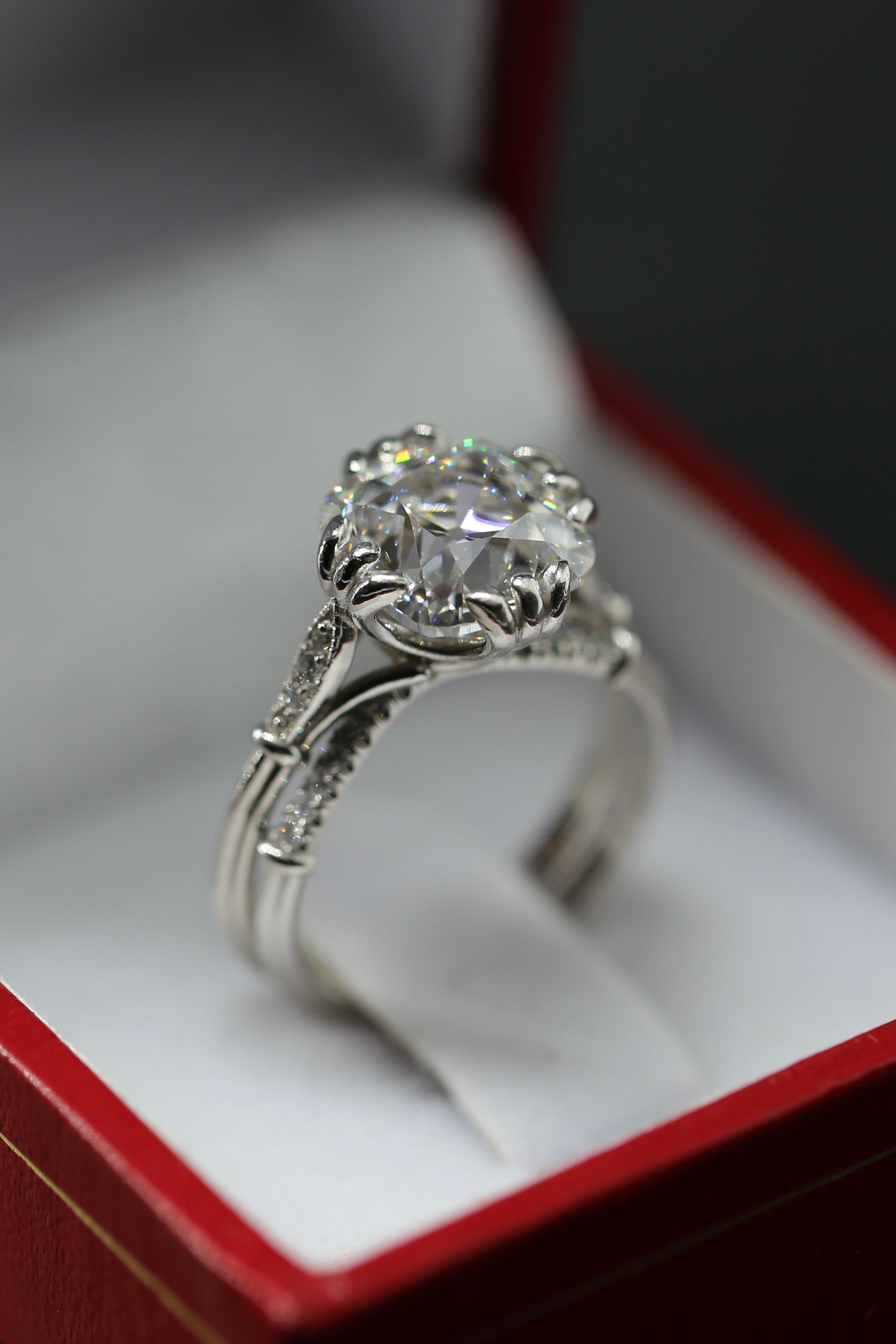 The Rachel Edwardian Antique Ring Set – 4 Carat Cushion Cut Lab Grown Diamond | Platinum Wedding Set