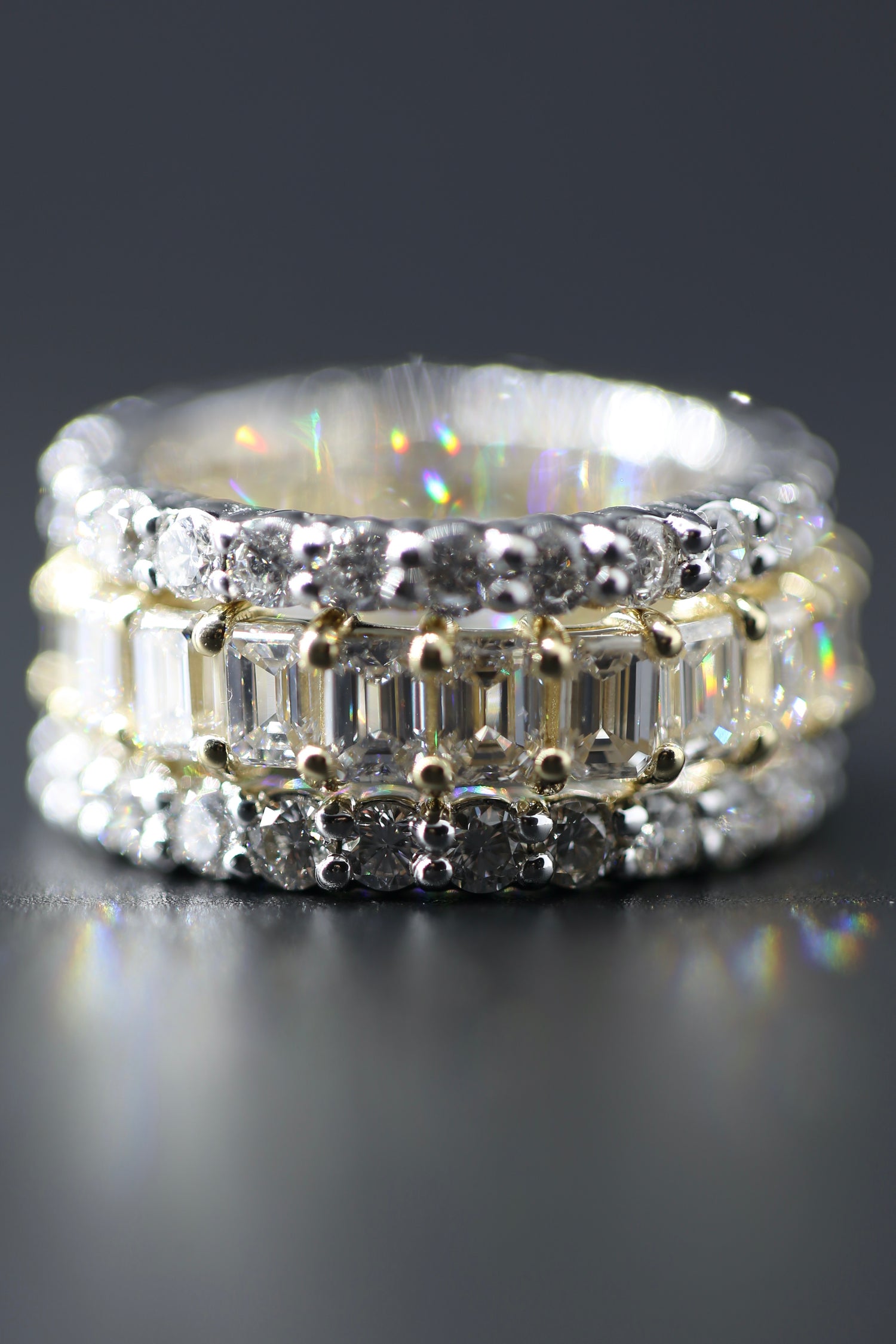 7.1 carat Emerald Rounds Lab Grown Diamonds Two Tone Eternity Band set