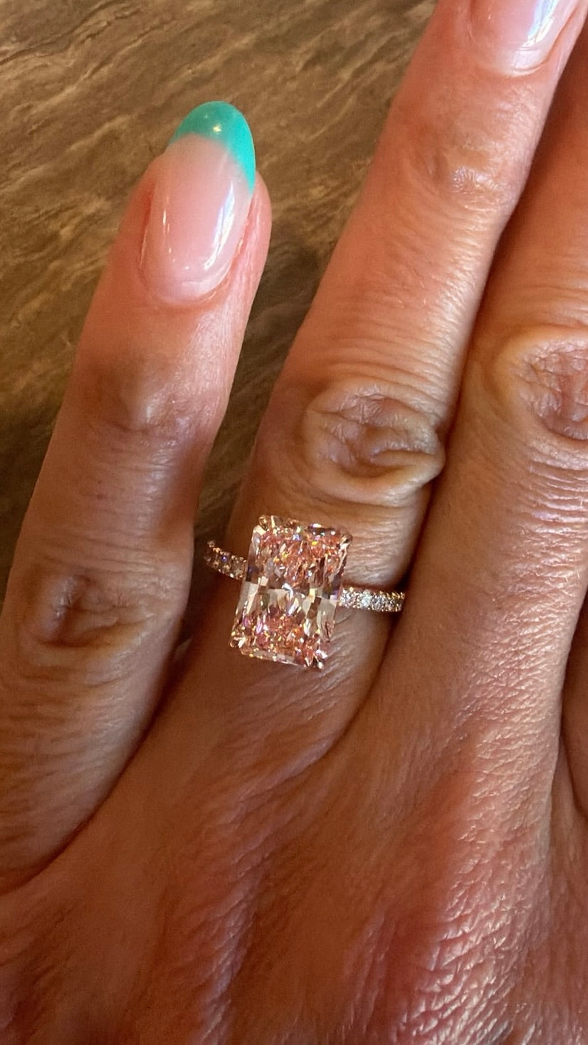 The Barbie Pink 3.66 Carat Fancy Vivid Pink Radiant Cut Lab Grown Diamond Ring in 14K Rose Gold