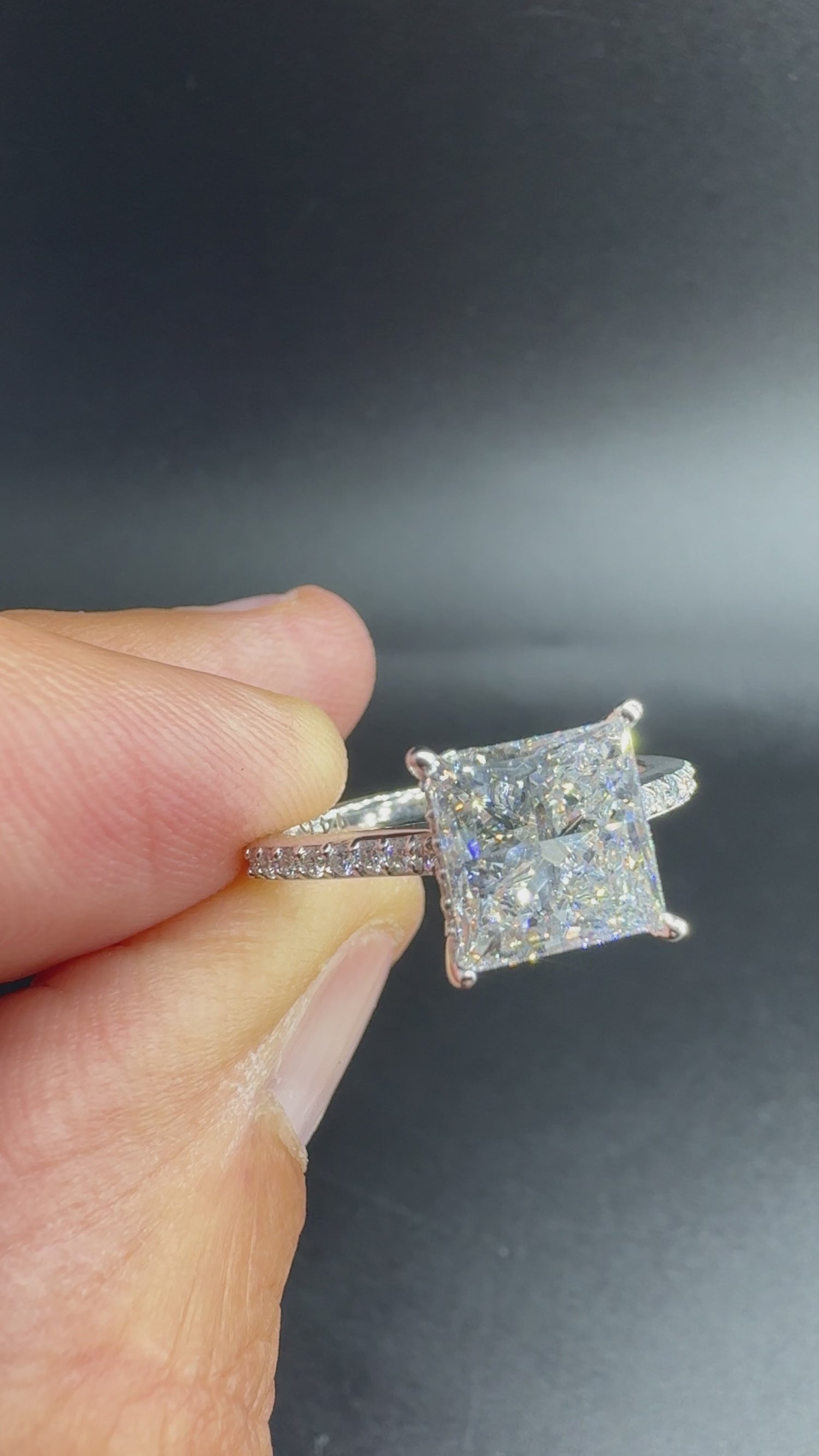 3 Carat Princess Cut Lab-Grown Diamond Ring – IGI Certified – 14K White Gold with Side Diamonds & Hidden Halo